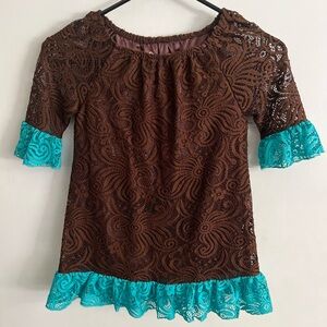 Elegant Brown Lace dress with Teal Highlights